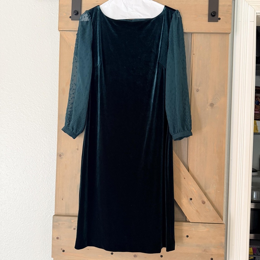 Karl Lagerfeld Paris Dress Sz 6 Green Velvet Shift Sheer Dot Sleeves Renaissance